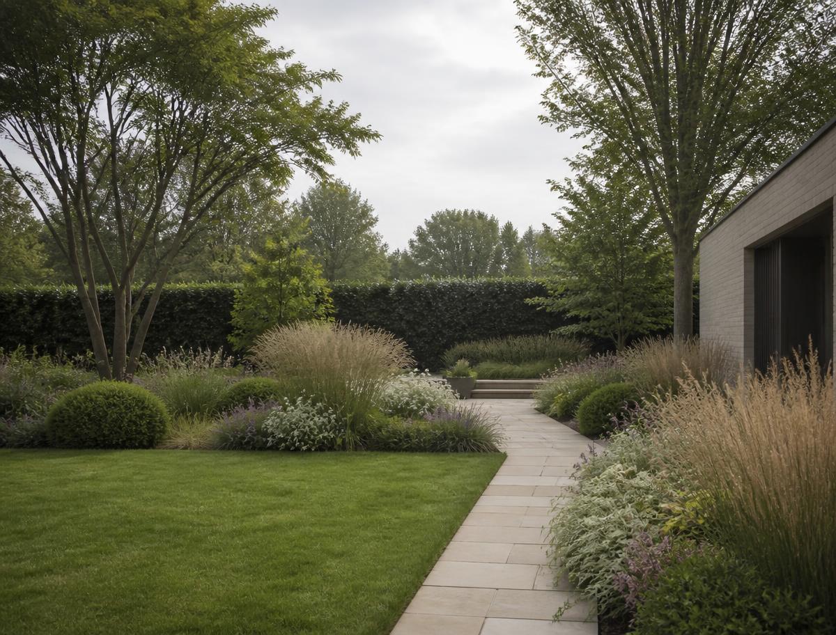 Neu angelegter Garten mit Rasenfläche, Staudenbeeten und geradem Steinweg