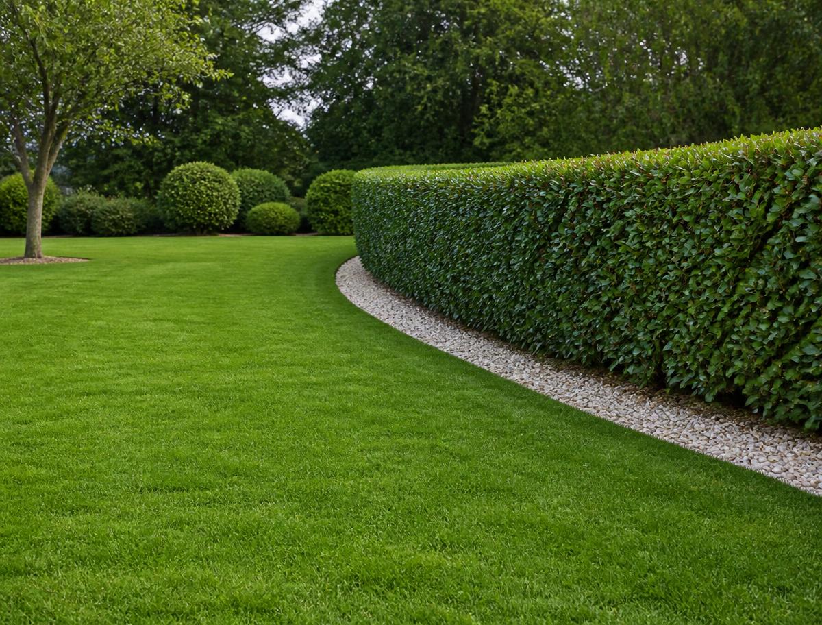 Gepflegte Rasenfläche mit geschnittener Hecke und saubererer Kiesfuge